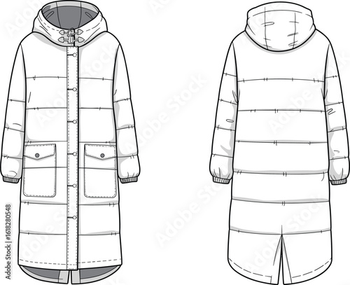 Long padded winter coat, fashion flat sketch, puffer jacket CAD, technical outerwear design, hooded coat vector, stylish warm apparel