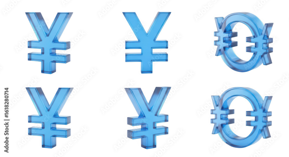 Obraz premium Transparent blue currency symbols yen and euro arranged against a white background depicting financial transactions global economics and international trade for finance