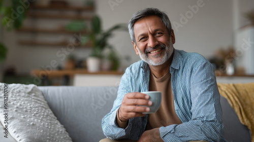 Portrait of a middle-aged Indian man relaxing on a sofa with a cup of coffee in hand, embracing a new morning and a renewed sense of hope.