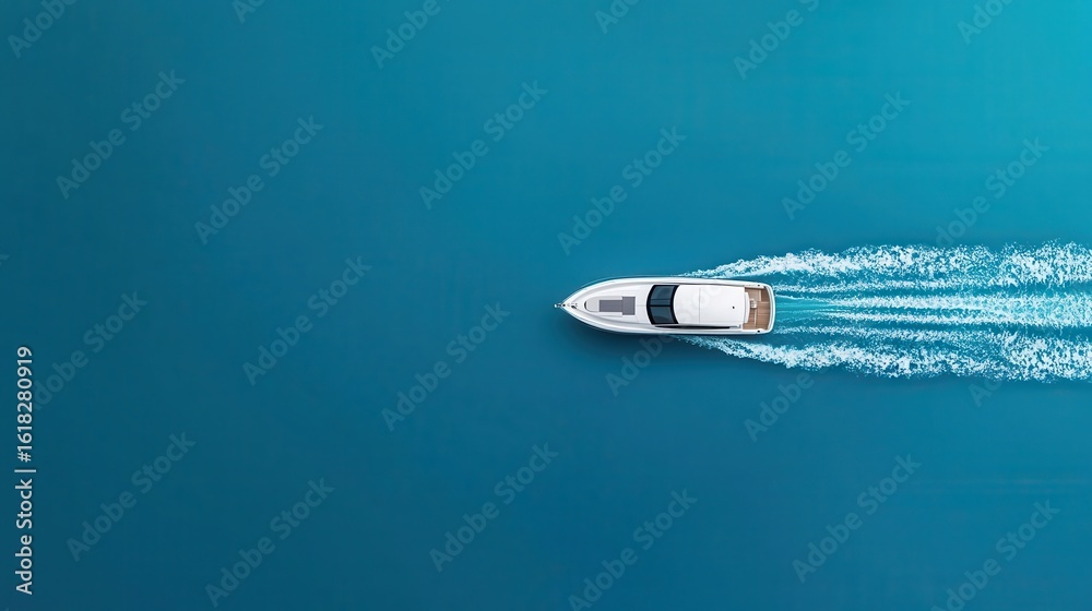 Fototapeta premium Aerial view of speedboat leaving white trails in deep blue ocean, dynamic summer adventure