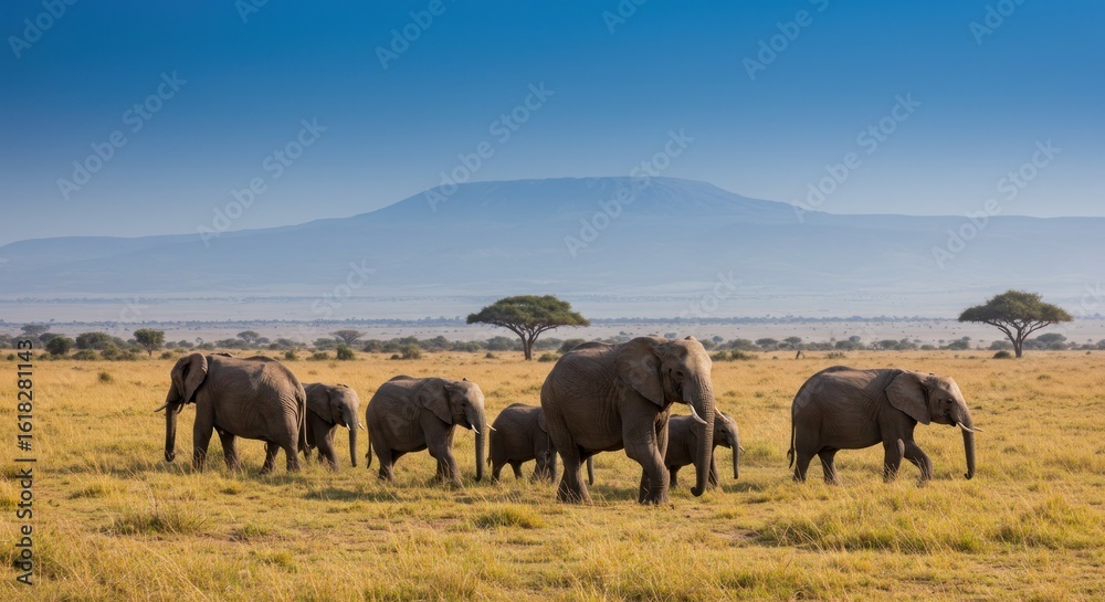 Fototapeta premium A herd of elephants grazes in a golden savanna landscape, with a distant mountain range under a vibrant blue sky