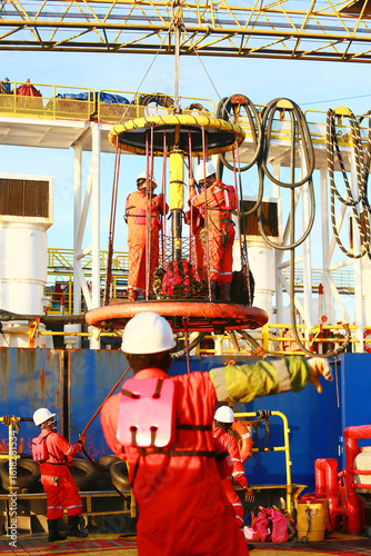 Crews boat moving the passenger and cargo from the platform to supply boat in oil and gas industry. Support offshore oil and gas industry by boat and service team.