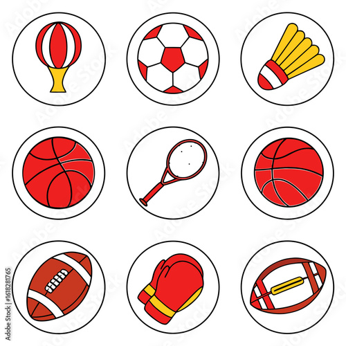 Collection of nine circular icons depicting various sports equipment and balls Keywords: sports