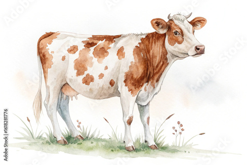 Watercolor illustration. Illustration of a cow. Adult cow. Rural landscape. Magnificent nature. Ranch. Dairy farming. Milk.