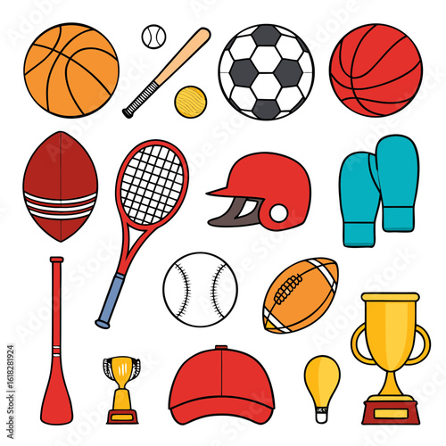 Diverse sports equipment and trophies arranged on a white background basketball baseball