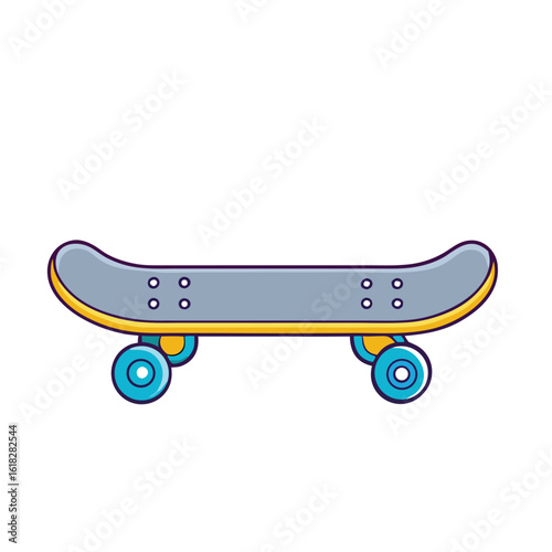 Gray skateboard with blue wheels and yellow trim transportation sport