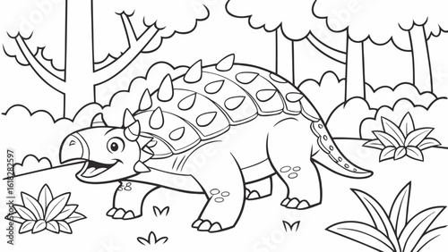 Vector Cartoon funny Ankylosaurus, funny image in the forest, Coloring book page for children. Line Art isolated on white background