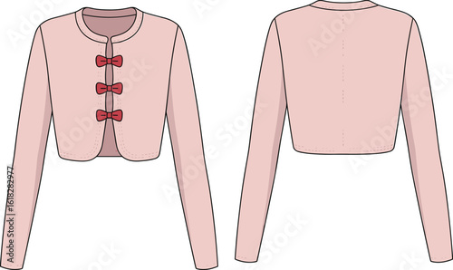 Cropped jacket vector illustration, pink fabric, front back CAD drawing, red bow closure, long sleeve fashion sketch, stylish outerwear design