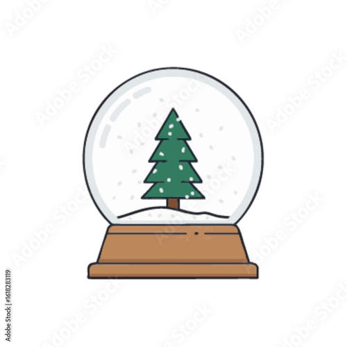 A Christmas snow globe with a fir tree inside, a classic winter holiday symbol. Festive vector line art icon illustration isolated.