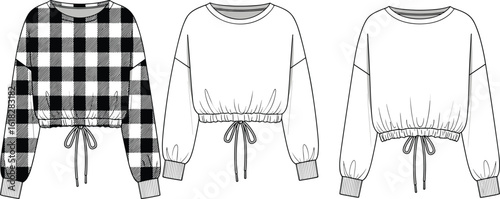 Cropped sweatshirt CAD drawing, drawstring hem, ribbed cuffs, checkered and plain white styles, fashion sketch, front view, vector garment design