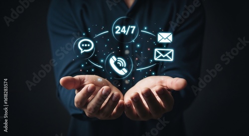 A person holding glowing customer service icons representing hours support and communication methods in hands