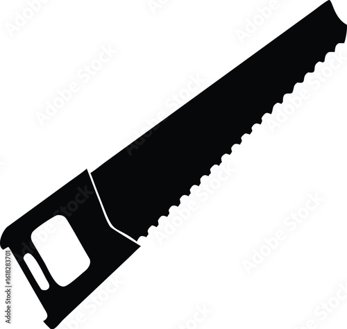 Silhouette of a classic hand saw with a black handle and sharp teeth isolated