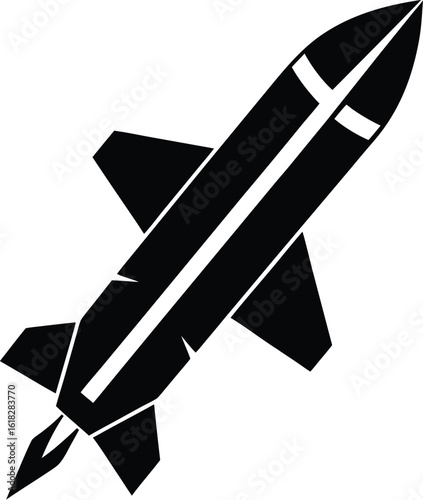 Missile silhouette, rocket icon vector, military projectile graphic, simple bomb shape, flat warhead design