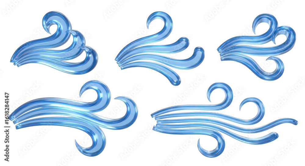 Fototapeta premium Five stylized blue transparent wind gusts on a white background suitable for illustrating weather design elements or artistic concepts