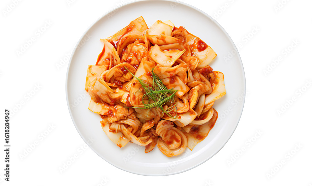 Photo of traditional kimchi on an elegant plate, top view, white background for text or banner. High-quality photo, high resolution, super detailed Photo of traditional kimchi on an elegant plate, top view, white background for text or banner. High-quality photo, high resolution, super detailed