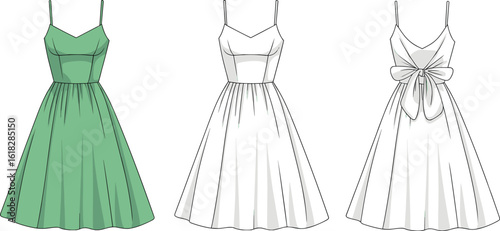 Dress CAD drawing, flat vector sketch, front view fashion illustration, white and green, bow detail, fitted bodice, strap dress design