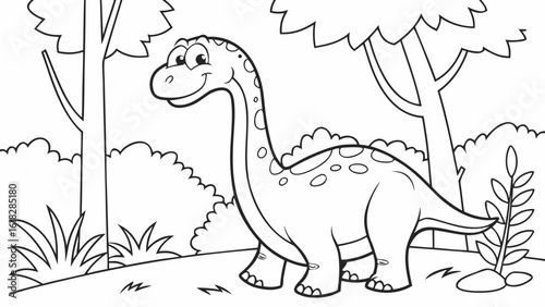 Vector Cartoon funny Brachiosaurus, funny image in the forest, Coloring book page for children. Line Art isolated on white background