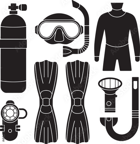 Collection of essential scuba diving equipment and snorkeling gear presented as black silhouettes on a white background for underwater exploration silhouette