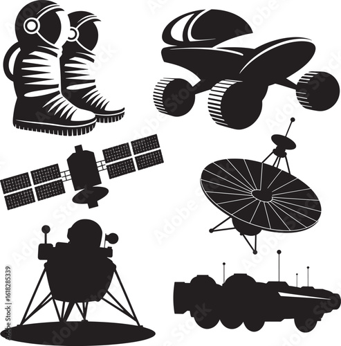 Collection of space exploration icons including astronauts rover satellite lunar lander and spacecraft in a striking black silhouette style