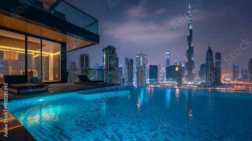 Luxurious infinity pool overlooks dazzling night cityscape with iconic skyscrapers and city lights