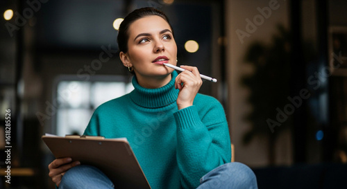 Woman with pen in mouth thinking with clipboard