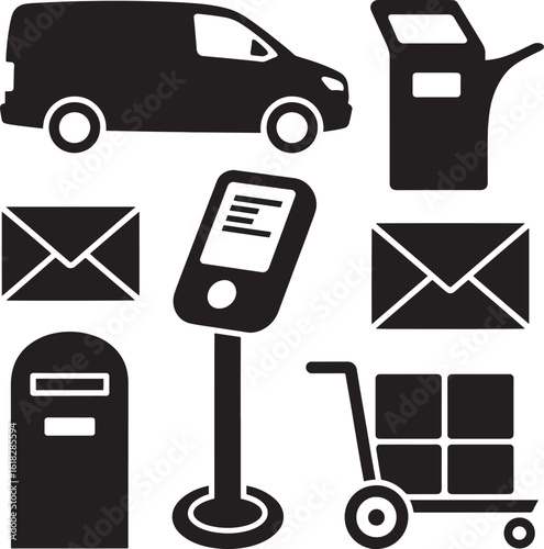 Collection of postal service icons including a delivery van mailbox parcel trolley envelopes and information kiosk in a clean silhouette style