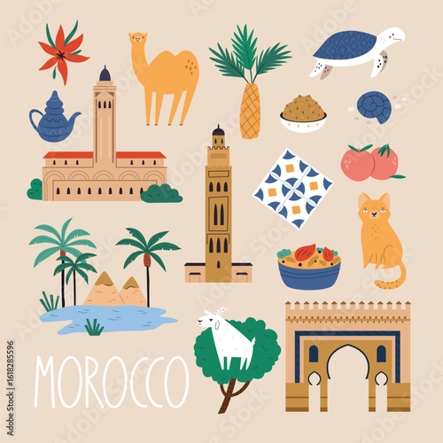 Morocco travel elements set with landmarks, food, animals and cultural symbols in flat cartoon vector style on beige background
