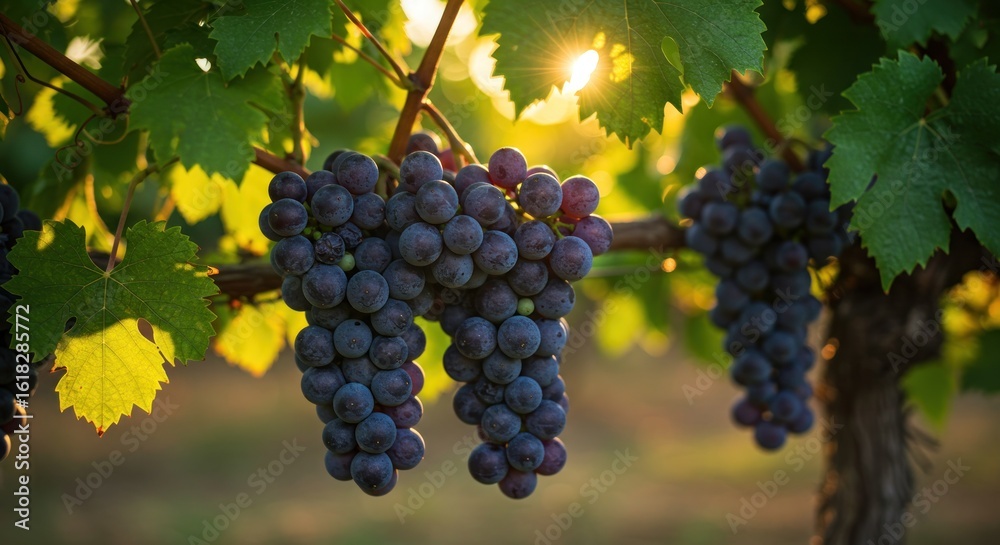 Fototapeta premium Sunlit clusters of dark grapes hang heavy among leaves in a vineyard at golden hour