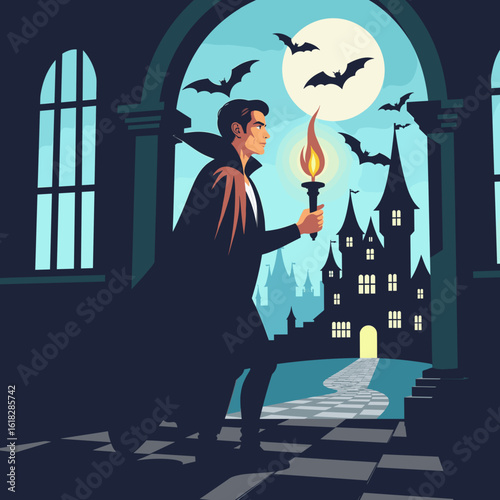 Man in cape holding torch while walking towards haunted castle at night Concept of Halloween  