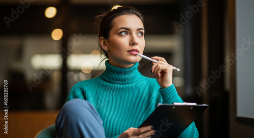 Woman with pen in mouth thinking with clipboard
