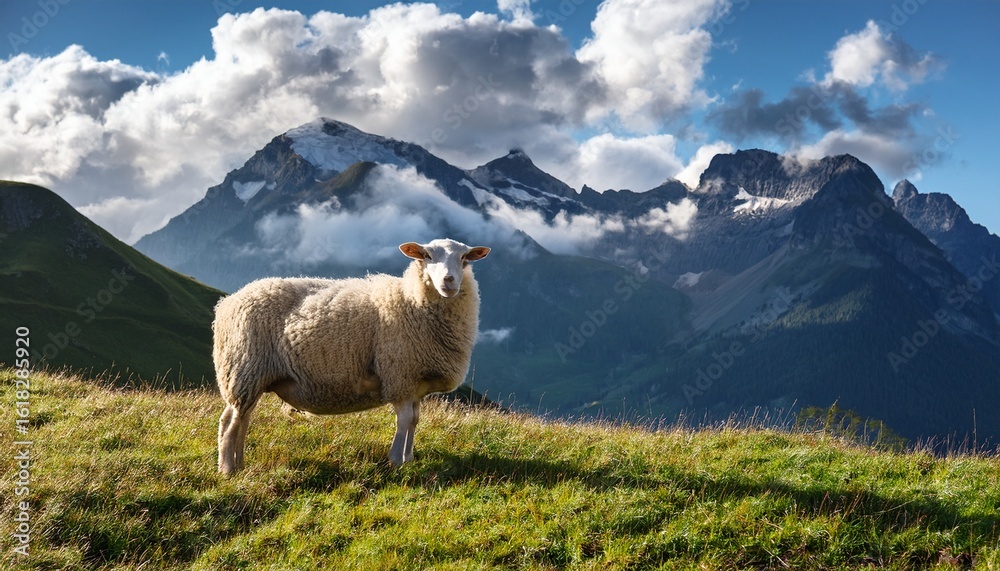 Fototapeta premium a majestic sheep stands on grassland in front of towering mountain peaks and clouds in a panoramic setting