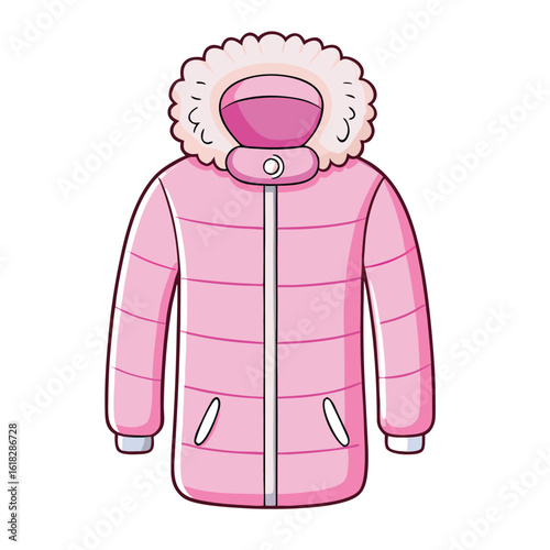 Pink puffer jacket with fur lined hood and pockets winter clothing