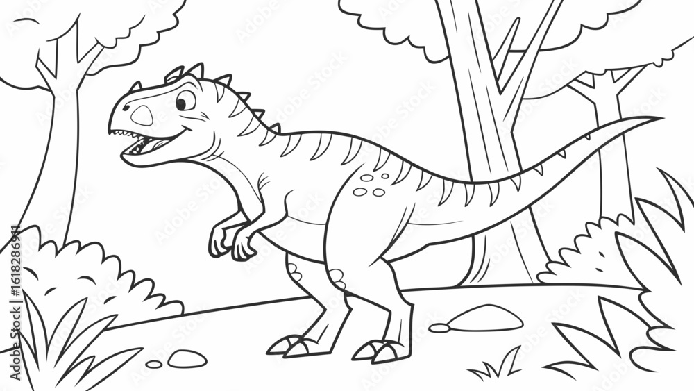Fototapeta premium Vector Cartoon funny Carnotaurus, funny image in the forest, Coloring book page for children. Line Art isolated on white background