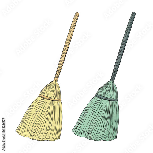 A hand-drawn illustration featuring two distinct brooms, yellow and green, symbolizing cleaning choices, teamwork in chores, or janitorial services.
