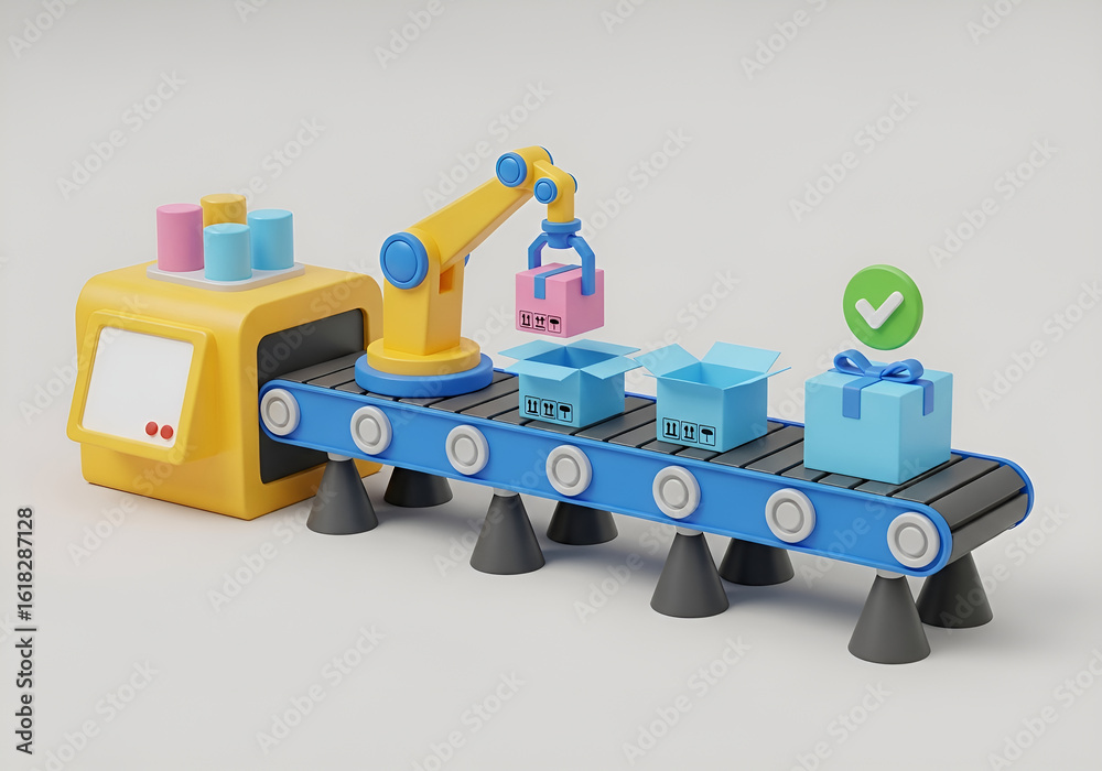 Fototapeta premium 3d rendering conceptual image 3d illustration of a cartoonstyle factory production line with a robot arm placing gifts onto a conveyor belt