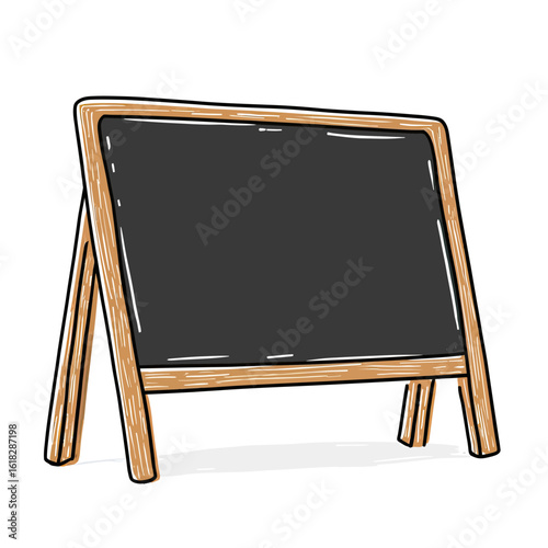 A hand-drawn illustration of a blank A-frame chalkboard sign with a wooden frame, providing a rustic template for menus, announcements, or educational content.
