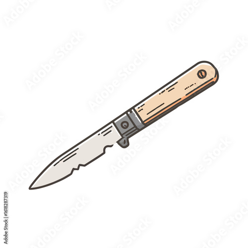 A classic hand-drawn illustration of a folding pocket knife with a light wood handle and a partially serrated blade, ideal for outdoor and survival themes.
