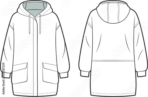 Women’s Oversized Hoodie Jacket Flat Sketch, Technical CAD Fashion Drawing for Streetwear Outerwear with Pocket and Drawstring Details