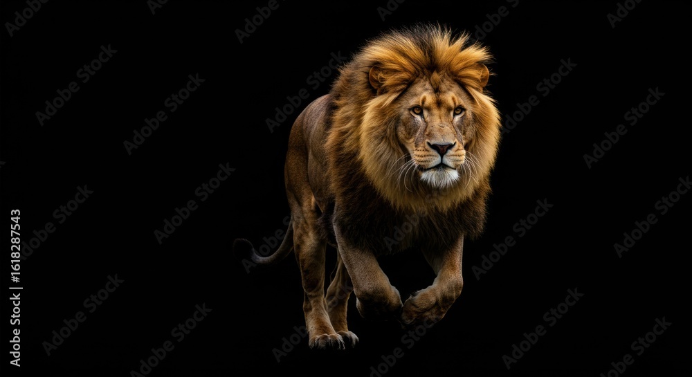 Fototapeta premium Majestic lion strides forward with confidence against a stark black backdrop