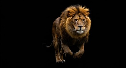 Crédence de cuisine Lion Majestic lion strides forward with confidence against a stark black backdrop  © wati