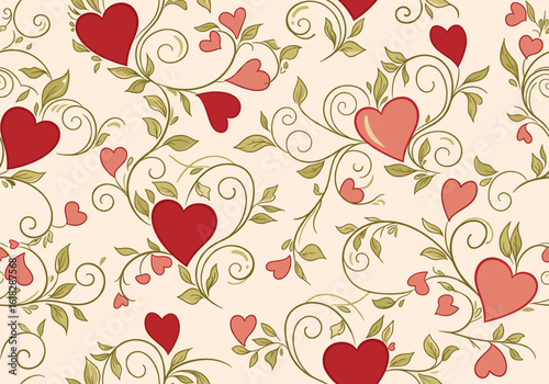 Seamless pattern with hand-drawn hearts entwined with botanical vines and leaves in romantic red, rose pink, and olive green on blush background, elegant vector for Valentine’s fabric and packaging 