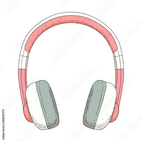 A clean front-view illustration of modern pink and white over-ear headphones, a stylish graphic for music lovers, podcast listeners, and audio streaming content.

