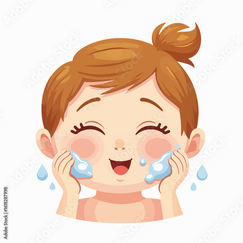 Girl with moisturizing drops on cheeks smiling cheerfully, her skin refreshed. Moisturizing drops application brings joy, clean skincare routine, and a happy, healthy complexion.