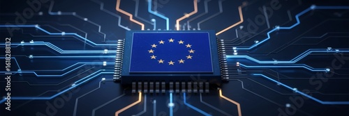 Computer processor with the flag of the European Union on a circuit board symbolizing European technology and innovation