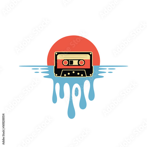 Cassette tape melting in cool blue hues with a retro orange sun backdrop. Vintage pop vibe. Vector illustration design.