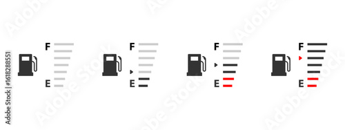 Fuel gauge icon. Gas tank meter showing empty and full levels with indicator vector illustration. Dashboard energy level symbol. Automotive refueling and warning sign for car monitoring systems.