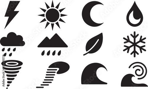 Weather Icons Set Diverse Meteorological Symbols Representing Various Atmospheric Conditions Vector