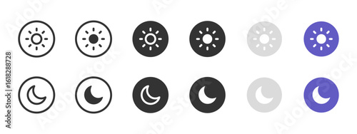 Sun and moon icon. Day and night mode adjustment buttons vector illustration. Brightness and dark mode toggle symbol. User interface and settings sign pictogram.