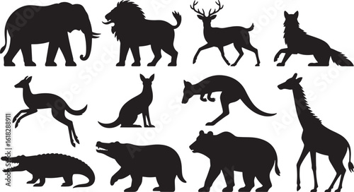 Silhouette Animals Set Vector Illustration Wildlife Fauna Mammals Collection Isolated on Transparent Background
