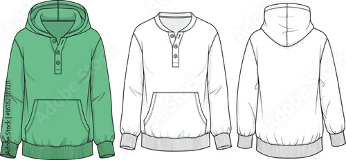 Hooded sweatshirt CAD drawing, front back views, green white variation, buttoned placket, kangaroo pocket, fashion sketch, vector template, apparel design